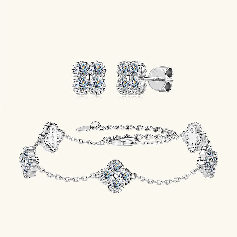 Moissanite Jewellery Clover 2 Piece Set (Bracelet & Earrings)