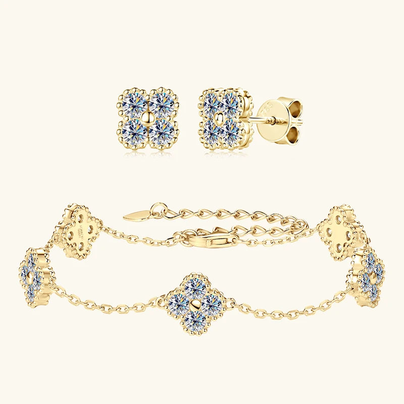 Moissanite Jewellery Clover 2 Piece Set (Bracelet & Earrings)