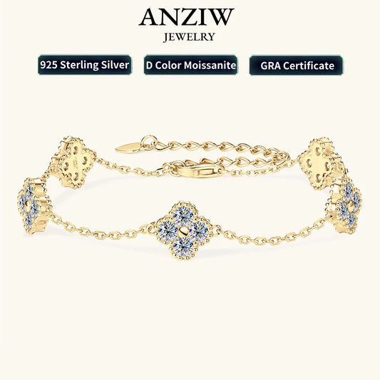 New  Moissanite Silver Flower Clover Bracelet