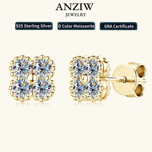 Flower & Clover Moissanite Stud Earrings 925 Sterling Silver