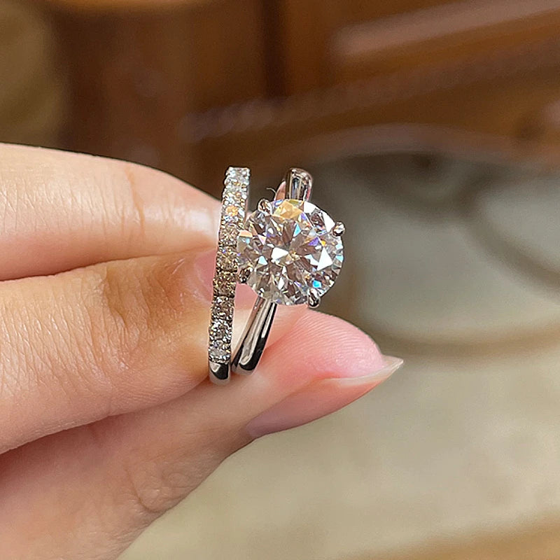 Bridal Moissanite Ring Set, Silver 925 Solitaire